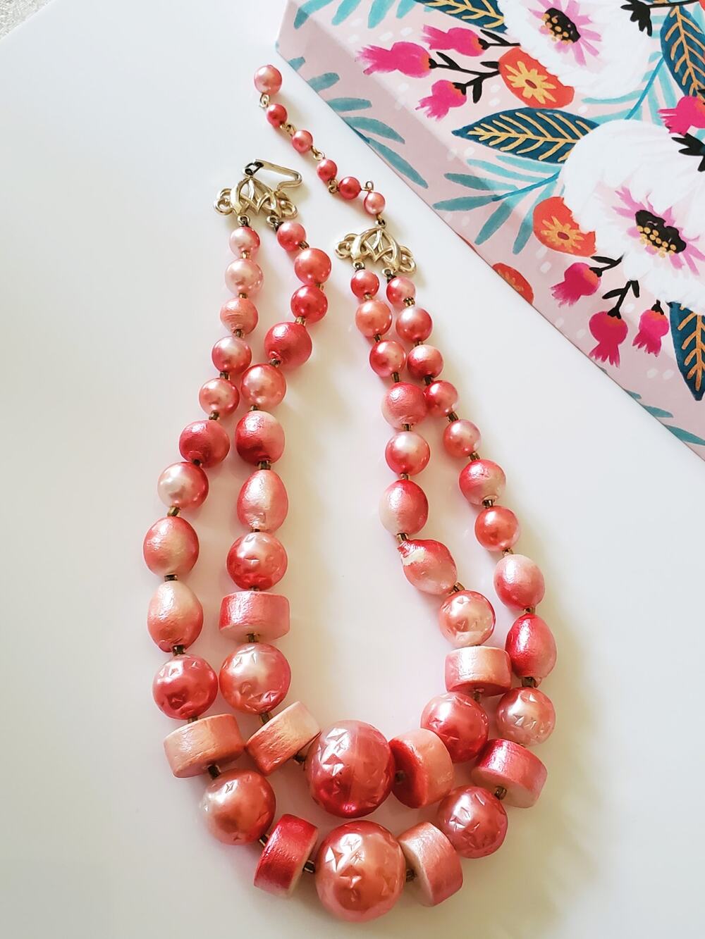 Vintage Pink 2 Tier Beaded Necklace